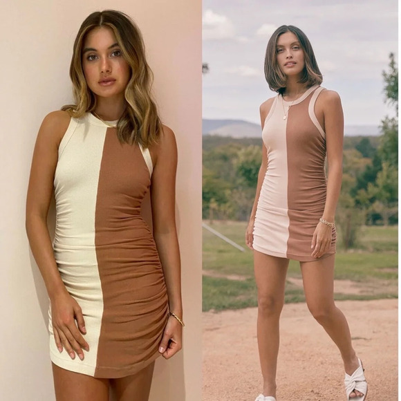 Sovere Creme Caramel Mira Splice Ruched Ribbed Bodycon Mini Dress Size Small - Picture 1 of 12